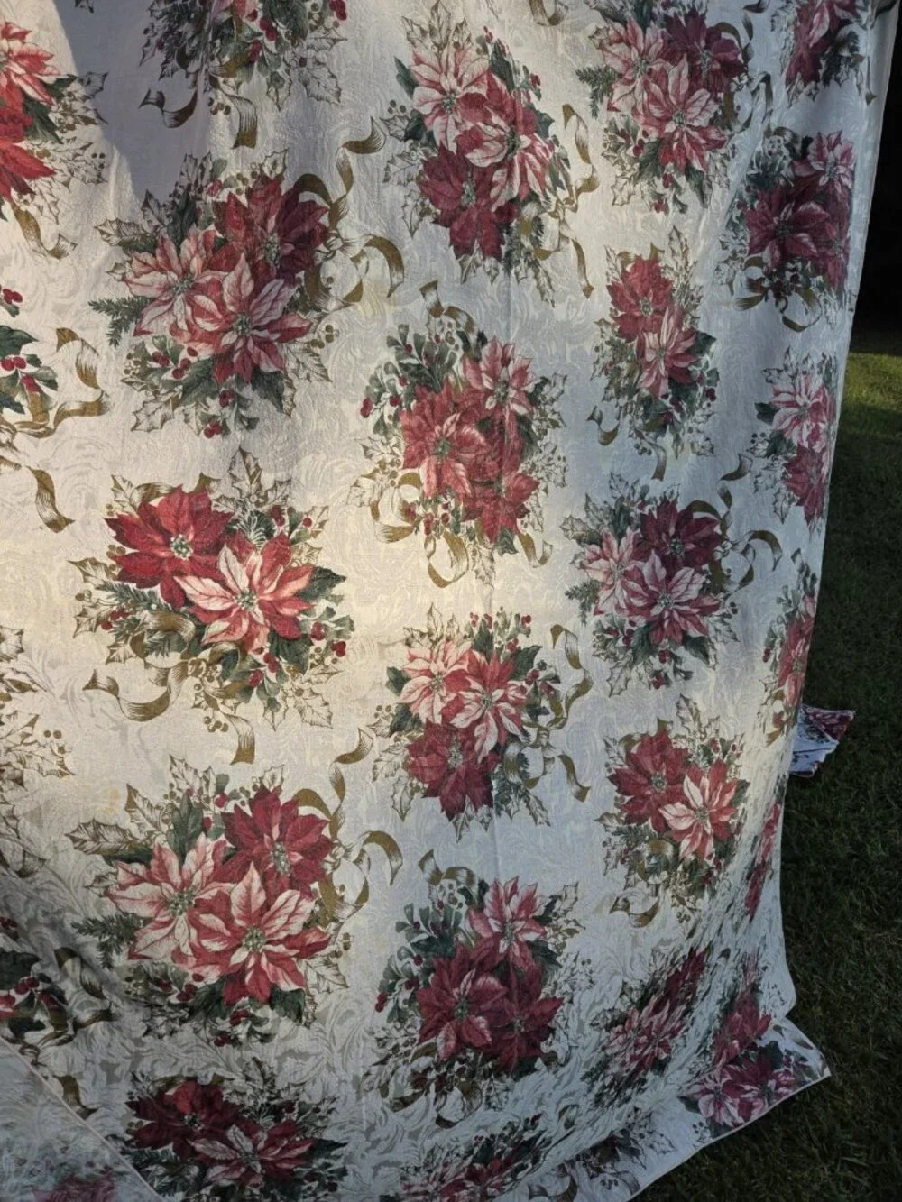 Poinsettia Rectangular Tablecloth & Runner Holiday Damask Spots
